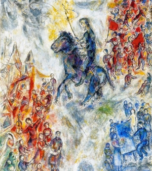 Picture: Marc Chagall. 1974.  Symbolism: a knight deprived of his armour standing near a banner and surrounded by peoples in peace. One single government (one head without any power) for all the peoples. This kind of government would result in a wonderful world, whose president or prime minister would have no power, but only tasks, they would be our servants, and not our masters. One single world government would prevent men from gaining power, because the existence of other governments arouses fear and increases the power of the heads of government. If wars ceased, powerful men would be no longer required: power, in fact, results from war. If the military expenses were destined for other uses, war and poverty would disappear.