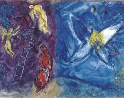 The Victory of Prophetism. &quot;You fought against men and God, and you won, therefore your name is no longer a mere  blood tie but rather attests to the Spirit of Freedom, the Magic of freedom, as well as to the Son - Father - Mother of the whole universe. - Picture: Marc Chagall: Jacob’s dream  (1960-1966). The painting can be divided into two parts, on the left, Jacob dreams of a ladder with descending angels, a symbol of Divine Providence; conversely, on the right, it is possible to see the Angel bearer of LIGHT. The synergy with the &quot;Doppelgänger&quot; supports the poor in spirit who are tired of fighting a winning match against the powerful, ... a communion with the Light, which ensures victory...