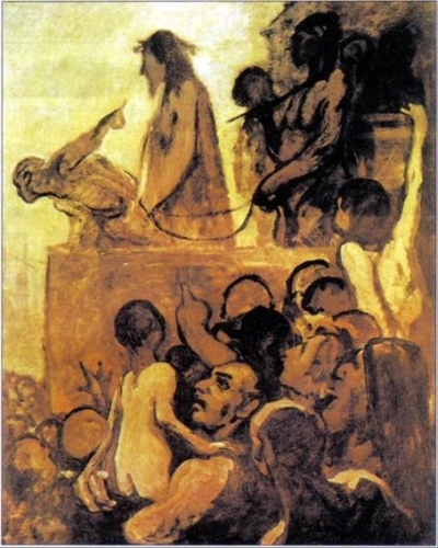 Picture: &quot;We want Barabbas&quot; a 1850 work by Honorè Daumier. In the background, at the top, Pontius Pilate asks the crowd who should be set free: Christ or Barabbas, a robber. The monochrome painting uses colours almost shapeless to represent the gullible crowd which believes in every statement, since it has no conscience. The close-up shows a father who holds his son: he is looking vicious and is urging his son to make the same decision: &quot;Give us Barabbas!&quot; Therefore the controlled crowd is, in turn, controlling the most naive and weak persons. At the top, Pilate (who embodies power) points at Christ with the purpose of influencing the decision of the crowd; actually, the ignorant masses can be easily excited.